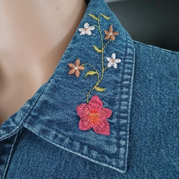 Women's Large Denim Dress Cotton Embroidered Lightweight Summer Spring Beachy - Picture 3 of 11